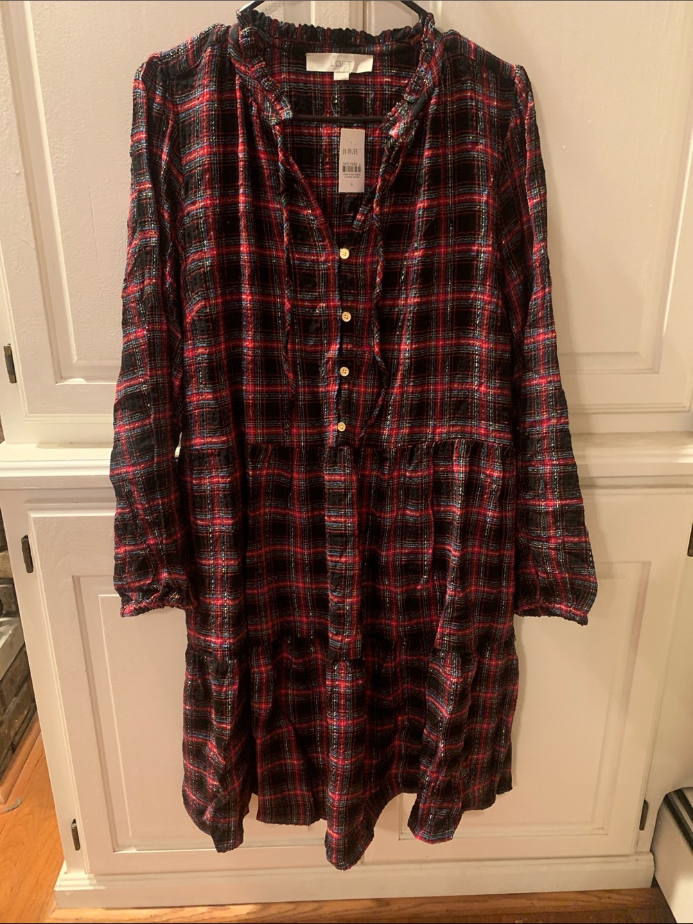 LOFT Black and Red Plaid Long-Sleeve Button-Front Dress